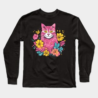 Pretty Pink Feline Floral Long Sleeve T-Shirt